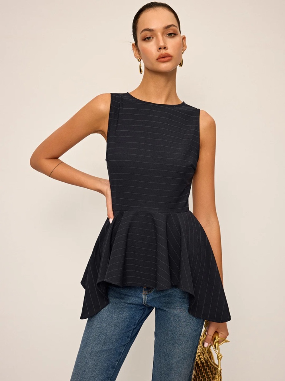 Commense Black Pinstripe Peplum Sleeveless Top